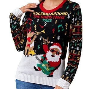Ugly Christmas Sweater Women, Light up Christmas Sweater, Rock Santa S new